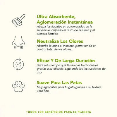 Ultra absorbente, aglomeración instantánea. Neutraliza los olores. Eficaz y de larga duración. Suave para las patas. Todos los beneficios para el planeta.