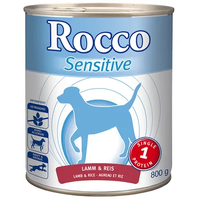Rocco Sensitive Lamm & Reis hondenvoer, 800 g. Tekst: getreidefrei, hypoallergen, kraft & energie, single protein. Afbeelding van hond en productnaam zichtbaar op blik.