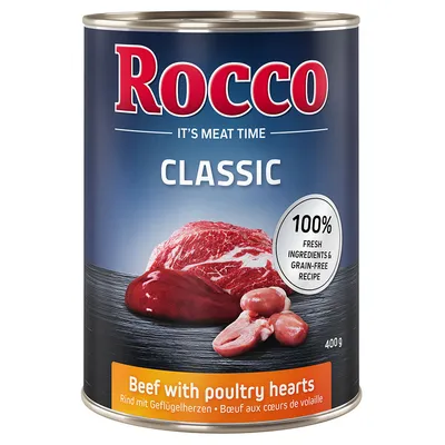 Rocco Classic konzerv, 400g. Marhahús baromfiszívvel, 100% friss összetevők, gabonamentes recept.