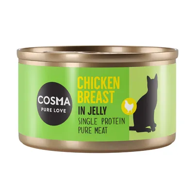 Cosma Pure Love Chicken Breast in Jelly, single protein, pure meat. Green label with black silhouette of a cat and chicken symbol.