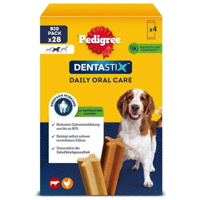 Pedigree Dentastix Daily Oral Care, Big Pack x28. Snižuje tvorbu zubního kamene až o 80 %, čistí těžko dostupné zuby, podporuje zdraví dásní. S přírodními ingrediencemi.