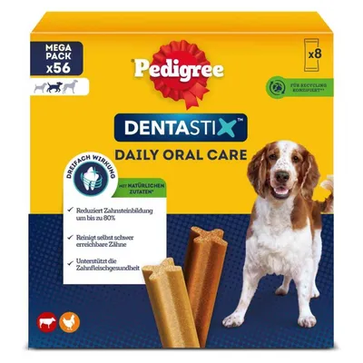 Pedigree Dentastix Daily Oral Care Mega Pack x56. Vermindert tandsteenvorming tot wel 80%, reinigt moeilijk bereikbare tanden, ondersteunt de gezondheid van het tandvlees. Pedigree Dentastix Daily Oral Care Mega Pack x56. Vermindert tandsteenvorming tot wel 80%, reinigt moeilijk bereikbare tanden, ondersteunt de gezondheid van het tandvlees.