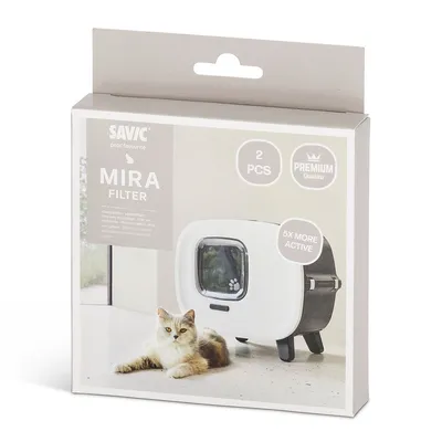 Savic Mira Filter, pack of 2, premium quality, 5x more active. Packaging shows a cat house with filter and a cat next to it.