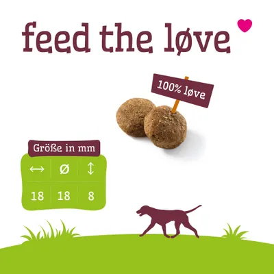 Zwei runde Snacks mit Schild '100% love'. Text: 'feed the love'. Größentabelle in mm: 18, 18, 8. Silhouette eines Hundes auf grünem Boden. Zwei runde Snacks mit Schild '100% love'. Text: 'feed the love'. Größentabelle in mm: 18, 18, 8. Silhouette eines Hundes auf grünem Boden.
