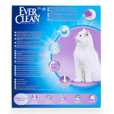 Caja de arena aglomerante para gatos Ever Clean, con instrucciones de uso ilustradas y texto en varios idiomas. Imagen de un gato blanco y gráficos sobre control de olores y frescura.