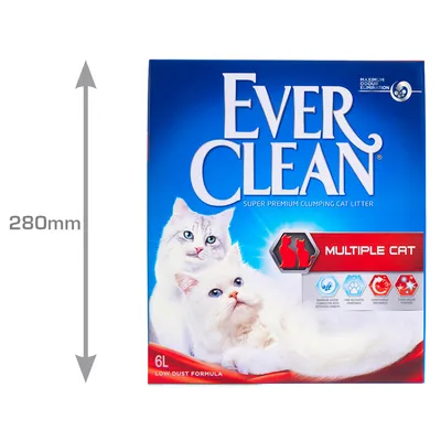 Balení steliva pro kočky Ever Clean Multiple Cat, 6 l, rozměr 280 mm, viditelné texty: SUPER PREMIUM CLUMPING CAT LITTER, LOW DUST FORMULA, MAXIMUM ODOUR ELIMINATION.