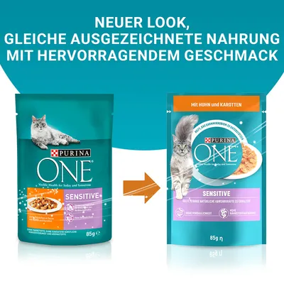 Comparaison de deux sachets Purina ONE Sensitive 85 g pour chat, ancien et nouveau design. Texte en allemand : 'Neuer Look, gleiche ausgezeichnete Nahrung mit hervorragendem Geschmack'.