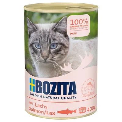 Bozita Katzenfutter, Paté mit Lachs, 100% tierisches Protein, Grain Free, 400g. Swedish Natural Quality, gekocht in Vårgårda.