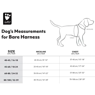 Grössentabelle für Hundegeschirr: Grösse 40-45 cm, Halsumfang 20-35 cm, Brustumfang 37-45 cm; Grösse 80-100 cm, Halsumfang 40-70 cm, Brustumfang 70-100 cm. Diagramm zeigt Messpunkte am Hund.