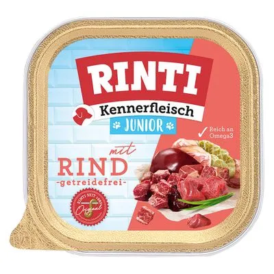 RINTI Kennerfleisch Junior mit Rind, getreidefrei. Reich an Omega3. Afbeelding van rundvlees en groenten op de verpakking.