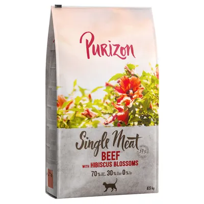 Purizon Single Meat Beef с цветками гибискуса, 70% мясо, 30% овощи, 0% зерна, 6,5 кг. На упаковке изображены красные цветки гибискуса и символ кошки.