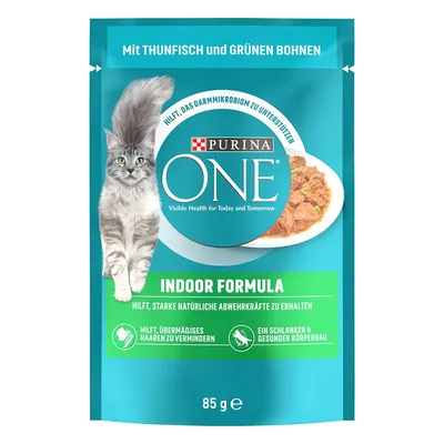 Purina ONE Indoor Formula, 85 g. Na opakowaniu kot, miska karmy, tekst: Mit Thunfisch und grünen Bohnen, Hilft, übermäßiges Haaren zu vermindern, Ein schlanker & gesunder Körperbau.
