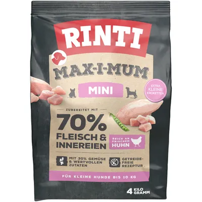 Rinti Max-i-mum Mini. Made with 70% meat and offal, rich in fresh chicken. Contains 30% vegetables and valuable ingredients. Grain-free recipe. For small dogs up to 10 kg. 4 kilograms.