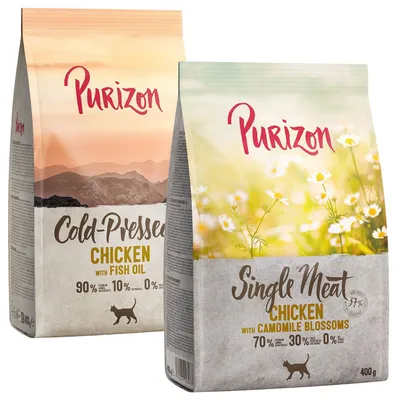 Purizon Katzenfutter, Cold-Pressed Chicken mit Fischöl und Single Meat Chicken mit Kamillenblüten. Angaben: 90% Fleisch, 10% Gemüse, 0% Getreide; 70% Fleisch, 30% Gemüse, 0% Getreide.