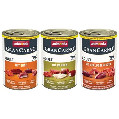 Animonda GranCarno Adult wet food, varieties: with duck, with tripe, with poultry hearts. 100% fresh ingredients, grain-free, gluten-free, made in Germany.