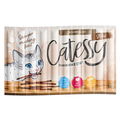 Catessy Sticks with BBQ salmon, no added sugar, with taurine, grain-free. Pack of 10 sticks, 50 g.