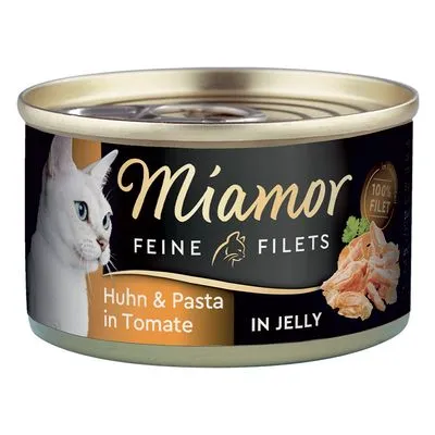 Miamor Feine Filets Huhn & Pasta in Tomate in Jelly, 100% Filet. Blik kattenvoer met afbeelding van een witte kat en stukjes kipfilet op de verpakking.