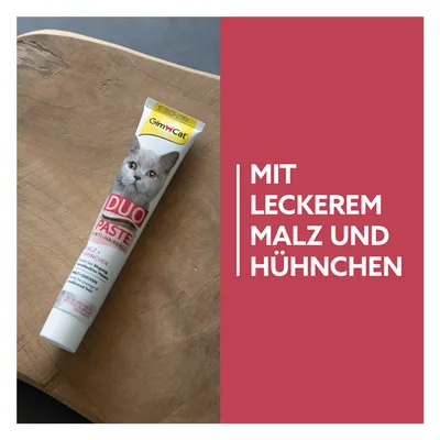 GimCat DUO Paste mit Malz und Hühnchen. Text: Mit leckerem Malz und Hühnchen.