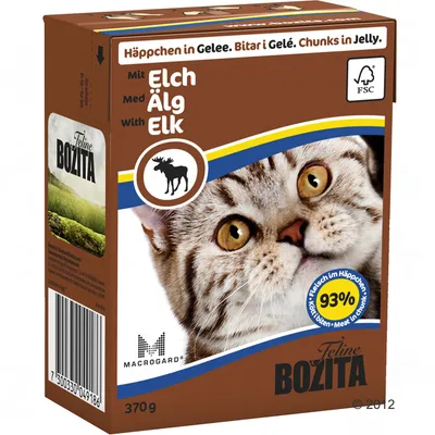 Bozita Feline komadići u želeu s losom, 370 g. Tekst: Mit Elch, Med Älg, With Elk, 93 % Fleisch im Häppchen, FSC, MacroGard. Slika mačke i simbola losa.