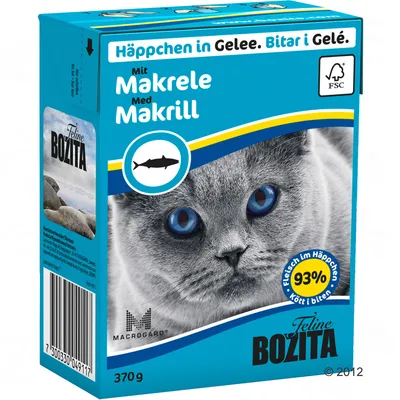 Feline Bozita kúsky v želé s makrelou, 370 g. Viditeľné: 93 % mäsa v kúskoch, FSC certifikát, obrázok mačky, text v nemčine a švédčine.