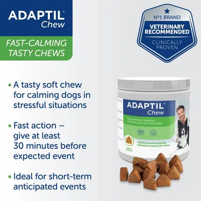Adaptil Chew fast-calming tasty chews for calming dogs in stressful situations, with fast action when given at least 30 minutes before events. Ideal for short-term anticipated events.