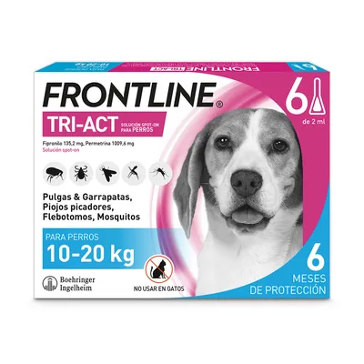 Frontline Tri-Act solución spot-on para perros de 10-20 kg. Protección contra pulgas, garrapatas, mosquitos y otros parásitos. No apto para gatos. Protección 6 meses.