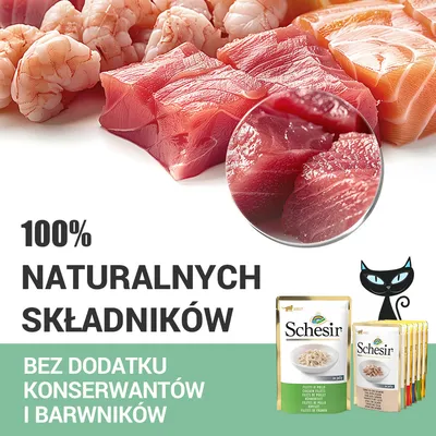 Schesir. 100% naturalnych składników. Bez dodatku konserwantów i barwników. Opakowania karmy dla kotów, kawałki ryby i krewetek.