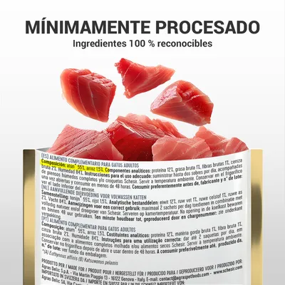 Texto: 'Mínimamente procesado. Ingredientes 100 % reconocibles'. Lata abierta con trozos de atún y etiqueta visible: composición atún 55 %, arroz 15 %, humedad 84 %.