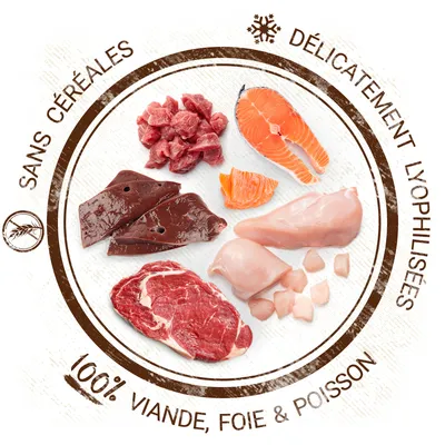 Sans céréales, délicatement lyophilisées, 100 % viande, foie & poisson. Morceaux de viande rouge, foie, filet de saumon, blanc de poulet et dés de viande visibles.