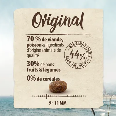 Original. 70 % de viande, poisson et ingrédients d'origine animale, 30 % fruits et légumes, 0 % céréales. 44 % protéines. Croquette diamètre 9–11 mm.