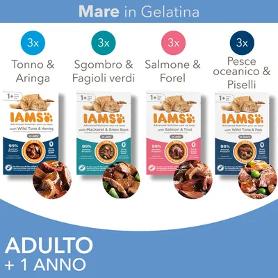 IAMS Mare in Gelatina per gatti adulti 1+ anno: 3x Tonno & Aringa, 3x Sgombro & Fagioli verdi, 3x Salmone & Forel, 3x Pesce oceanico & Piselli. 99% proteine animali.