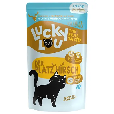 Lucky Lou Der Platz Hirsch, fjäderfä och hjort med äpple, för vuxna katter. Tillverkad i Tyskland, spannmålsfri, utan tillsatt socker, >96 % köttandel. Förpackningsstorlek: 125g.