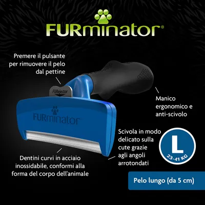 FURminator, taglia L 23–41 kg, per pelo lungo (da 5 cm). Manico ergonomico, dentini curvi in acciaio inox, pulsante per rimuovere il pelo, angoli arrotondati per delicatezza sulla cute.