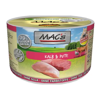 Консерва MAC's Kalb & Pute для кошек, 70 % Fleischanteil, Getreidefrei, Made in Germany. Без сои, красителей, ароматизаторов и животных костей. Видны куски телятины и индейки.