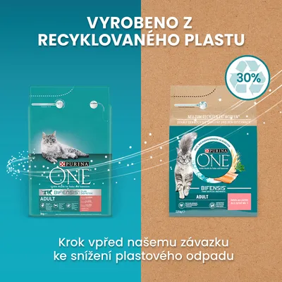 PURINA ONE Bifensis Adult. Vyrobené z recyklovaného plastu, 30 %. Text v češtine: Krok vpřed našemu závazku ke snížení plastového odpadu.