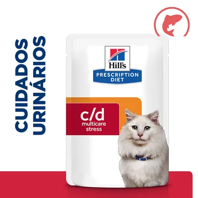 Hill's Prescription Diet c/d multicare stress, cuidados urinários, embalagem de alimento húmido para gatos visível na imagem.