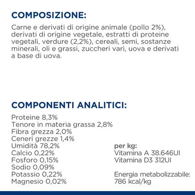 Composizione: carne e derivati animali (pollo 2%), vegetali, verdure (2,2%), cereali, semi, minerali, oli, zuccheri, uova. Componenti analitici: proteine 8,3%, grassi 2,8%, umidità 78,2%, energia 786 kcal/kg. Composizione: carne e derivati animali (pollo 2%), vegetali, verdure (2,2%), cereali, semi, minerali, oli, zuccheri, uova. Componenti analitici: proteine 8,3%, grassi 2,8%, umidità 78,2%, energia 786 kcal/kg.