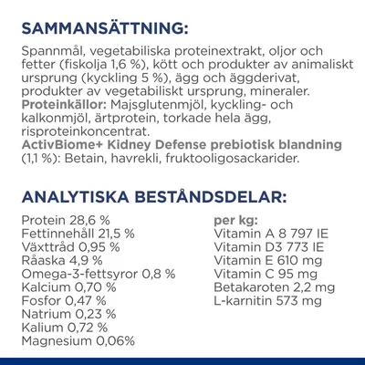 Sammansättning: spannmål, vegetabiliska proteinextrakt, oljor och fetter, kött (kyckling 5 %), ägg, mineraler. Analytiska beståndsdelar: protein 28,6 %, fett 21,5 %, vitaminer och mineraler per kg.