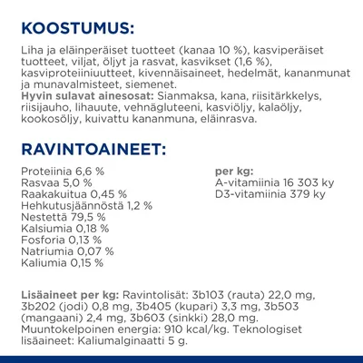 Koostumus: liha ja eläinperäiset tuotteet (kanaa 10 %), kasviproteiiniuutteet, siemenet. Ravintoaineet: proteiinia 6,6 %, rasvaa 5 %, nestettä 79,5 %. A-vitamiinia 16 303 ky/kg, D3-vitamiinia 379 ky/kg.