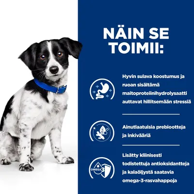 Näin se toimii: Hyvin sulava koostumus ja maito proteiinihydrolysaatti hillitsevät stressiä, ainutlaatuisia prebiootteja ja inkivääriä, lisätty antioksidantteja ja omega-3-rasvahappoja.