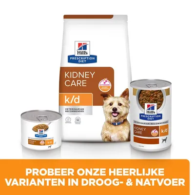 Hill's Prescription Diet Kidney Care k/d droog- en natvoer, verpakking met blikjes en zak. Tekst: Probeer onze heerlijke varianten in droog- & natvoer.
