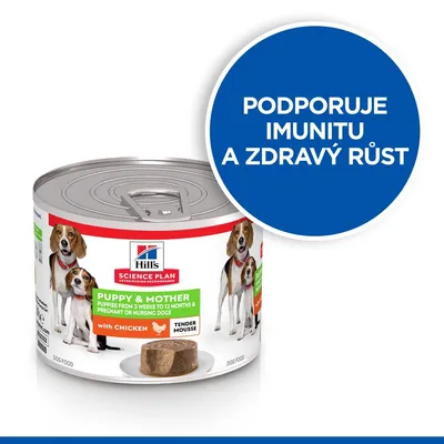 Konzerva Hill's Science Plan Puppy & Mother with Chicken Tender Mousse. Text: Podporuje imunitu a zdravý růst. Na obalu obrázek psů a porce krmiva.