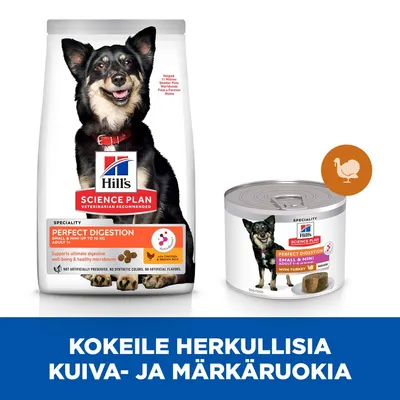 Hill's Science Plan Perfect Digestion -kuivaruoka ja märkäruoka pienille koirille. Pakkauksissa koiran kuva, tuotetiedot: kana & ruskea riisi, kalkkuna. Teksti: Kokeile herkullisia kuiva- ja märkäruokia.