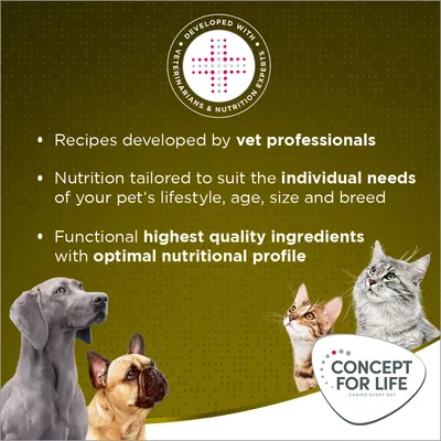 Recipes developed by vet professionals, nutrition tailored to individual pet needs, and highest quality ingredients with optimal nutritional profile. Concept for Life brand shown.
