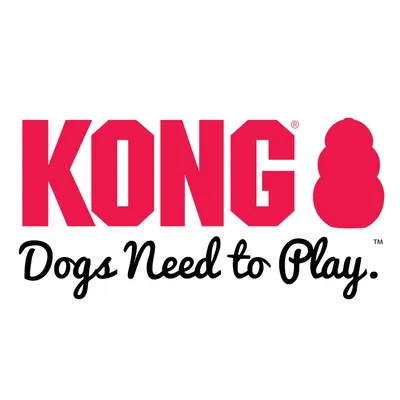 KONG Dogs Need to Play. Texte en anglais, nom de la marque et slogan visibles.