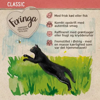 Feringa Classic. HOMEMADE TASTE BEGINS WITH LOVE. Med frisk kød eller fisk, kornfri opskrift med autentisk smag, raffineret med grøntsager eller frugt og krydderurter, fremstillet i Østrig.