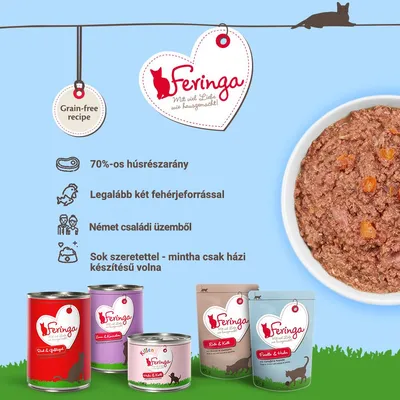 Feringa macskaeledel konzervek és tálban eledel, látható szöveg: 70%-os hústartalom, legalább két fehérjeforrás, német családi üzemből, sok szeretettel – mintha házi készítésű volna.