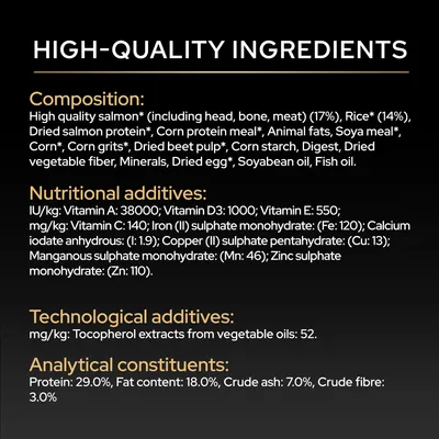 Sammansättning: Lax, ris, animaliska fetter, sojamjöl, majs. Tillsatser: Vitaminer A, D3, E, C, järn, koppar, mangan, zink. Protein 29 %, fett 18 %, råaska 7 %, råfiber 3 %. Sammansättning: Lax, ris, animaliska fetter, sojamjöl, majs. Tillsatser: Vitaminer A, D3, E, C, järn, koppar, mangan, zink. Protein 29 %, fett 18 %, råaska 7 %, råfiber 3 %.
