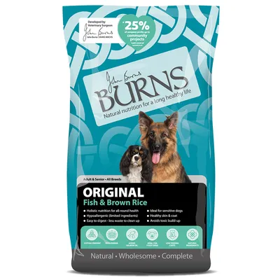 John Burns Original Fish & Brown Rice dog food for adults and seniors, hypoallergenic, easily digestible, healthy skin and coat, natural ingredients. 25% profit for community projects.