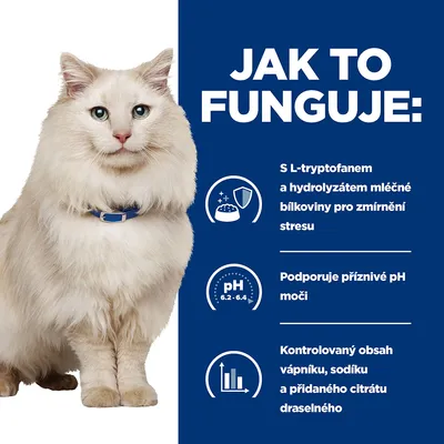 Text v češtine: Jak to funguje: S L-tryptofanem a hydrolyzátem mléčné bílkoviny pro zmírnění stresu, podporuje příznivé pH moči, kontrolovaný obsah vápníku, sodíku a citrátu draselného.